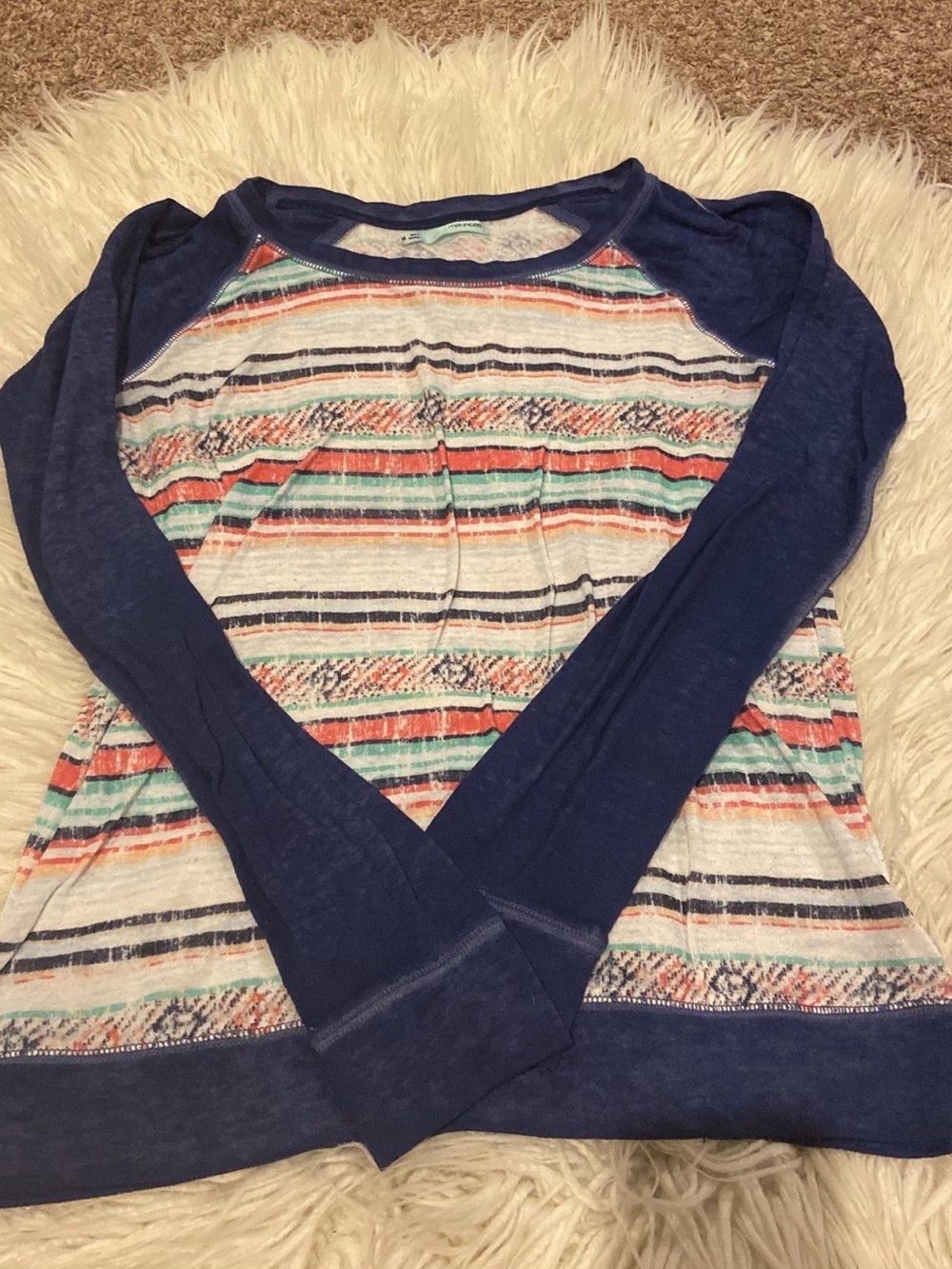 Maurices women’s size medium navy Raglan Long Sleeve Top Coral and Mint Stripes